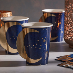 8 Navy and Gold Eid Paper Cups with Crescent Moon