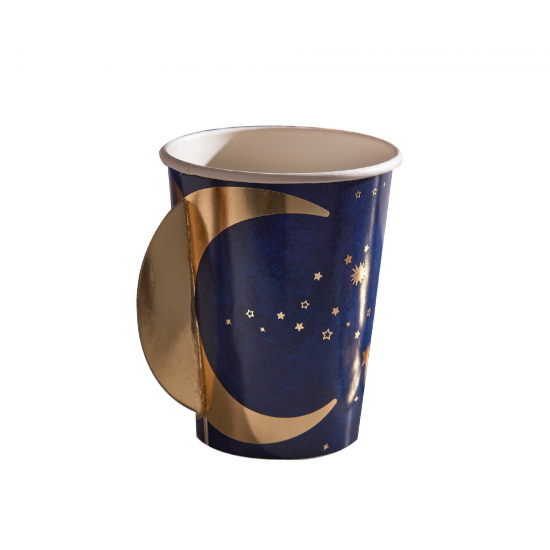 8 Navy and Gold Eid Paper Cups with Crescent Moon