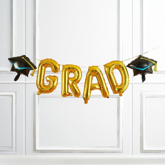 Gold Grad With Graduation Hats Foil Balloon Garland