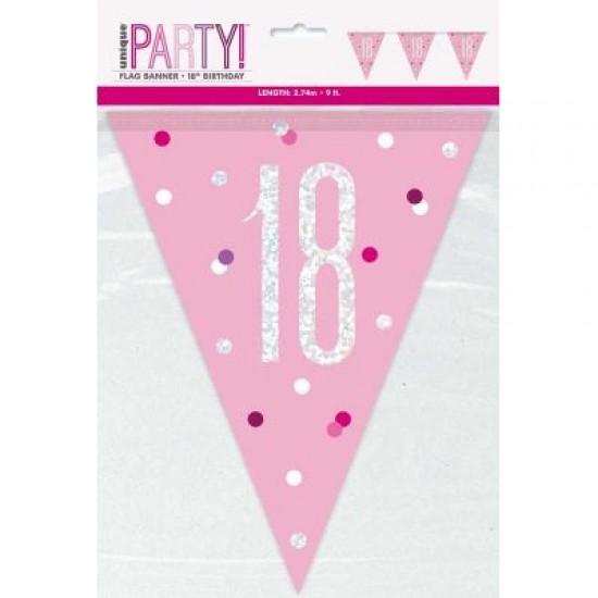 18th Birthday Pink and Silver Holographic Birthday Flag Banner