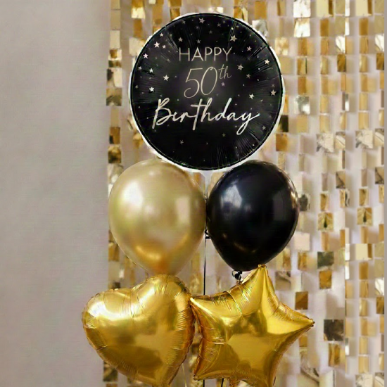 Black Gold 50th Birthday Balloon Bouquet- Inflated Black Gold 50th Birthday Balloon Bouquet- Inflated