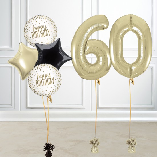 Inflated Champagne Gold 60th Birthday Number Balloons with Happy Birthday Balloons Set