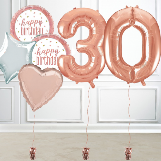 Inflated Rose Gold 30th Birthday Number Balloons with Happy Birthday Balloons Set