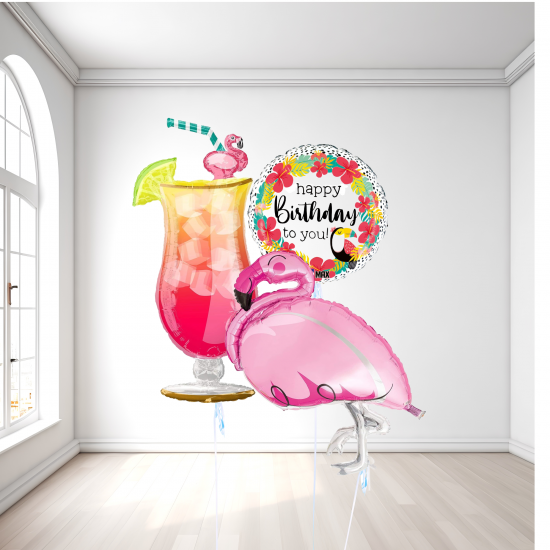 Tropical Flamingo and Cocktail Glass Birthday Balloon Bundle