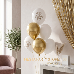 Gold and White Happy Birthday Balloon Set - INFLATED