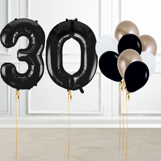 Black and Gold 30th Birthday Number Balloon Set