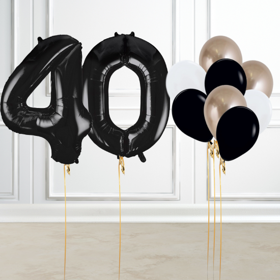 Black and Gold 40th Birthday Number Balloon Set
