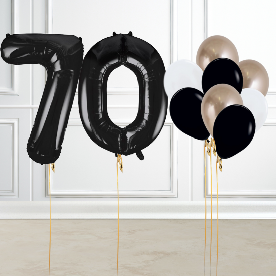 Black and Gold 70th Birthday Number Balloon Set