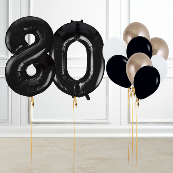 Black and Gold 80th Birthday Number Balloon Set
