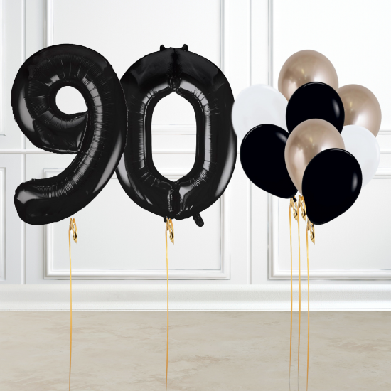 Black and Gold 90th Birthday Number Balloon Set