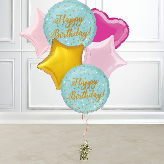 Blue, Gold and Pink Confetti Printed Happy Birthday Holographic Foil Balloon Bundle