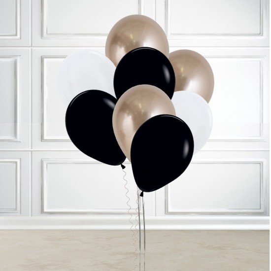 8 Gold, White and Black Latex Balloons Set- Inflated