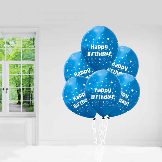 6 Metallic Blue Happy Birthday Reflex Helium Balloons