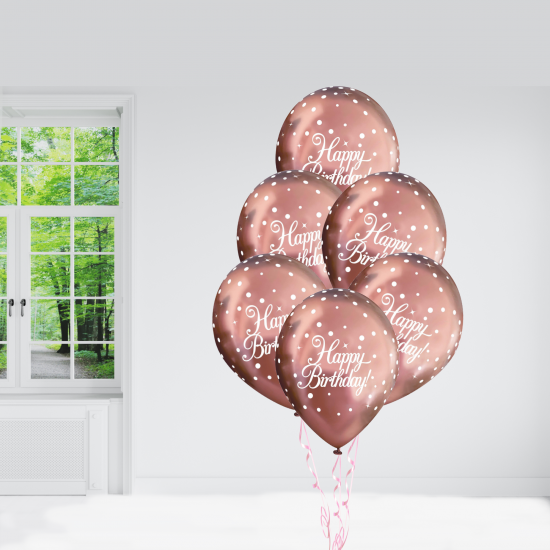 6 Rose Gold Happy Birthday Reflex Helium Balloons