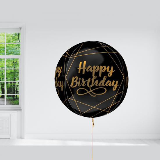 Black with Gold Script Happy Birthday Balloon INFLATED