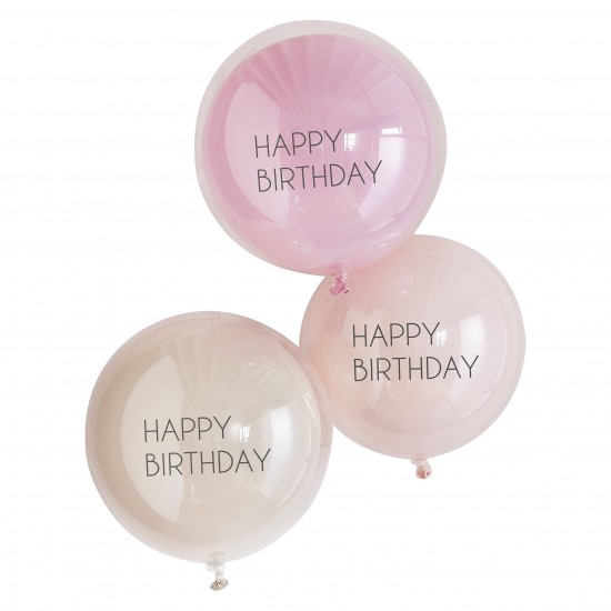 3 Pink Double Layered Happy Birthday Balloon Bundle