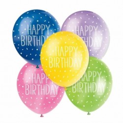  5 Pearlised Latex Assorted Happy Birthday Balloons