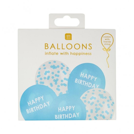 5 Blue Happy Birthday Confetti Balloons