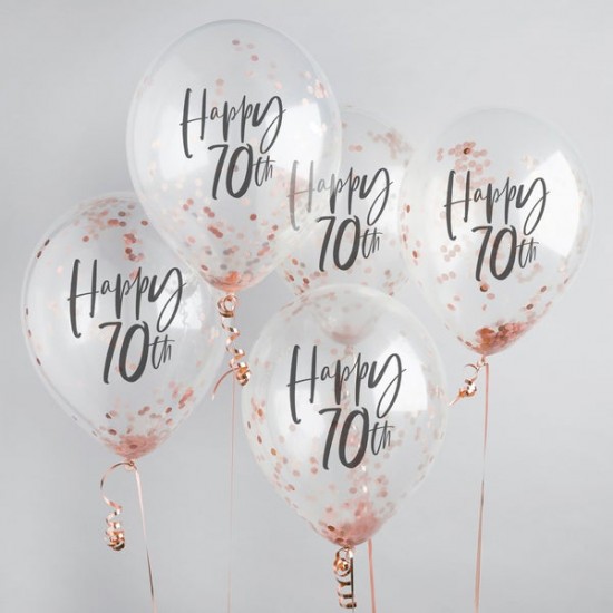 5 Rose Gold 70th Birthday Confetti Balloons