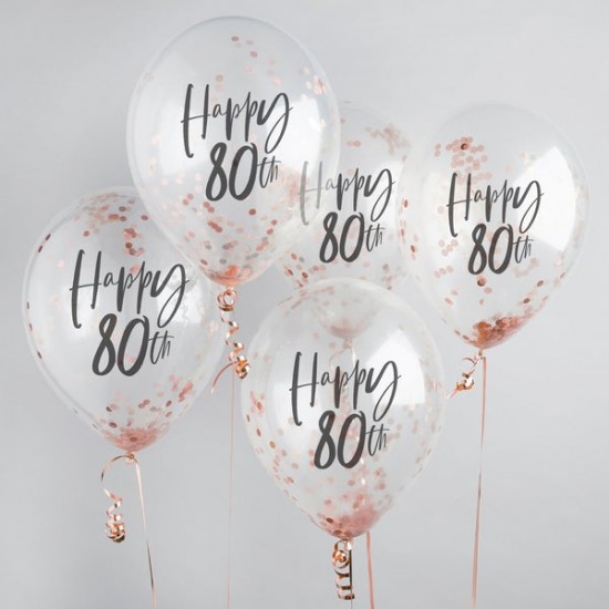 5 Rose Gold 80th Birthday Confetti Balloons