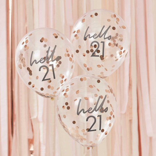 5 Hello 21 Rose Gold Confetti Balloons