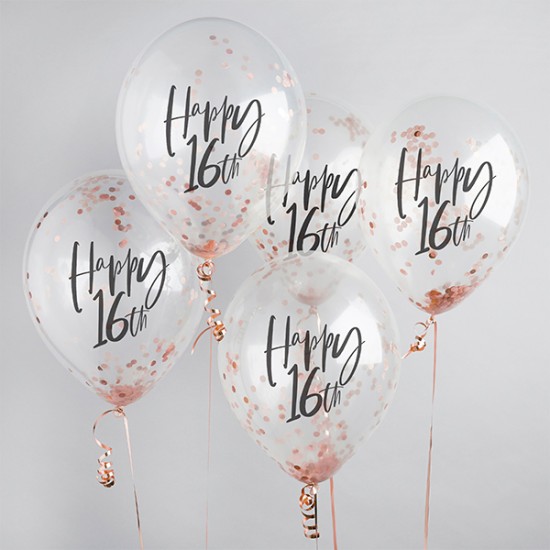 5 Rose Gold 16th Birthday Confetti Balloons