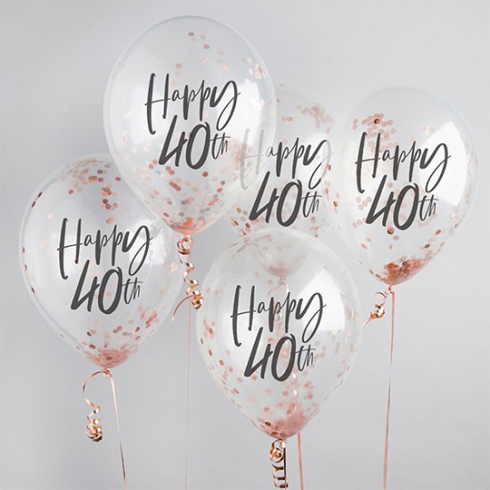 5 Rose Gold 40th Birthday Confetti Balloons