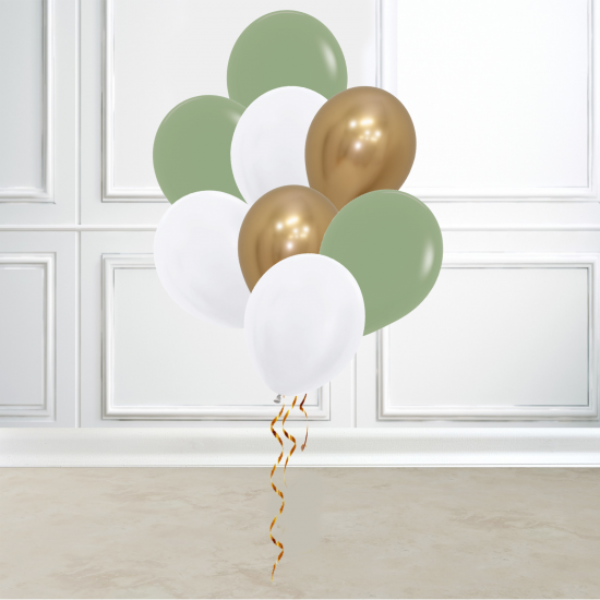 8 Eucalyptus, Gold and White Latex Balloons Set