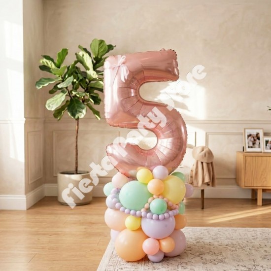 Number Balloon Stack Pastel Rainbow Base and Ribbon Bow
