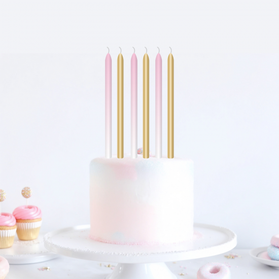 6 Gold and Pink Birthday Cake Candles