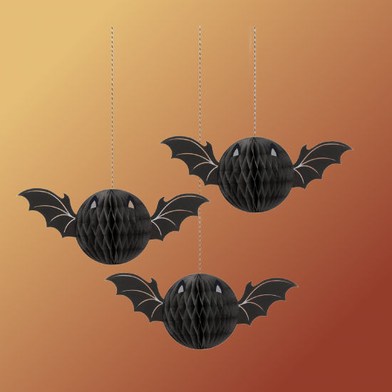 3 Paper Honeycomb Hanging Bats Halloween Decorations