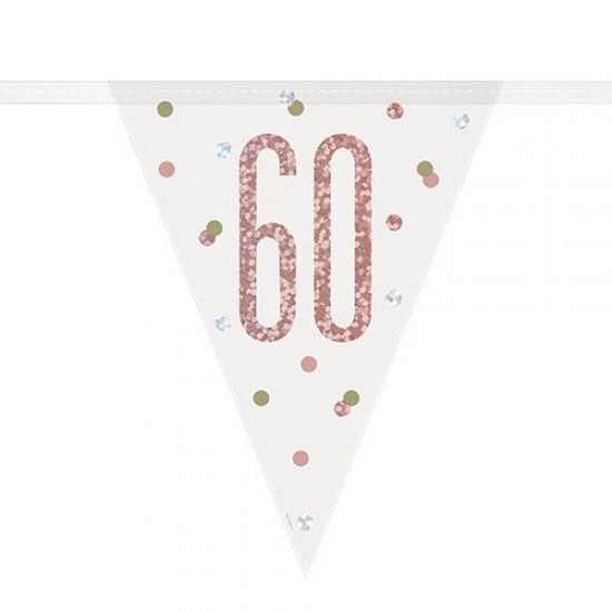 60th Birthday Rose Gold and Silver Holographic Happy Birthday Flag Banner