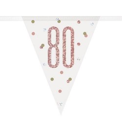 80th Birthday Rose Gold and Silver Holographic Happy Birthday Flag Banner