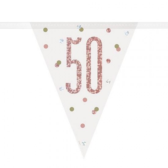 50th Birthday Rose Gold and Silver Holographic Happy Birthday Flag Banner