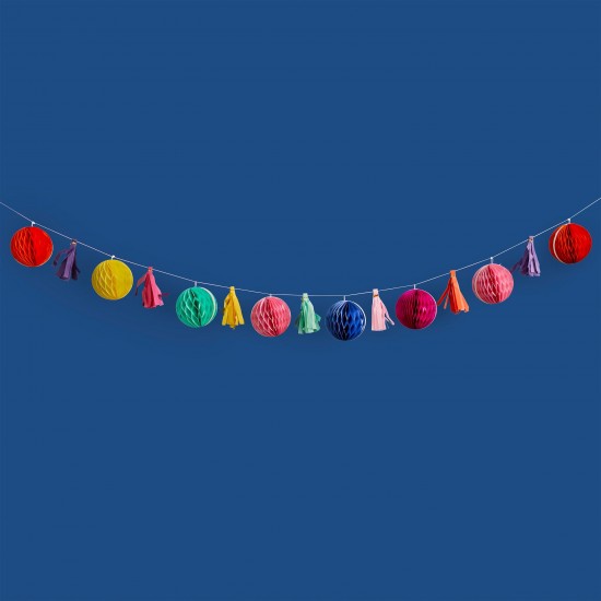 Bright Rainbow Coloured Honeycomb and Tassel Garland 2m