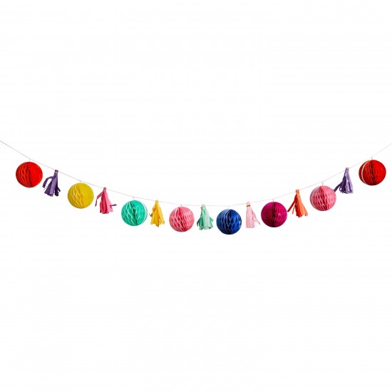 Bright Rainbow Coloured Honeycomb and Tassel Garland 2m