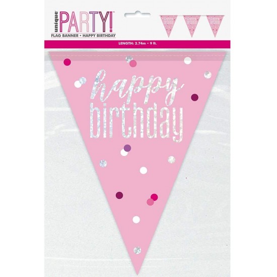 Pink and Silver Holographic Happy Birthday Flag Banner