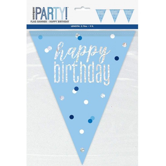 Blue and Silver Holographic Happy Birthday Flag Banner