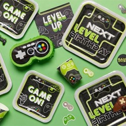Level Up Gamer Birthday Party Square Paper Dessert Plates 18 cm.
