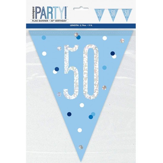 Glitz Blue & Silver 50th Birthday Bunting Banner