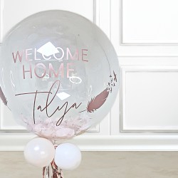 Personalised Welcome Home Balloon with Name Blush Feather Filled Bubble