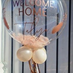 Personalised Welcome Home Balloon with Name Blush Feather Filled Bubble